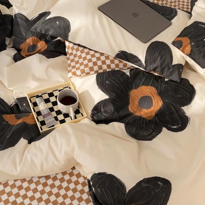 Pureant Black Sunflower Comforter Sets Full Black and White Floral Bedding Comforters Cotton Women Girls Boho Black Botanical Quilts Large Flower Blankets Garden Adults Teens Bohemian Rustic Bedding