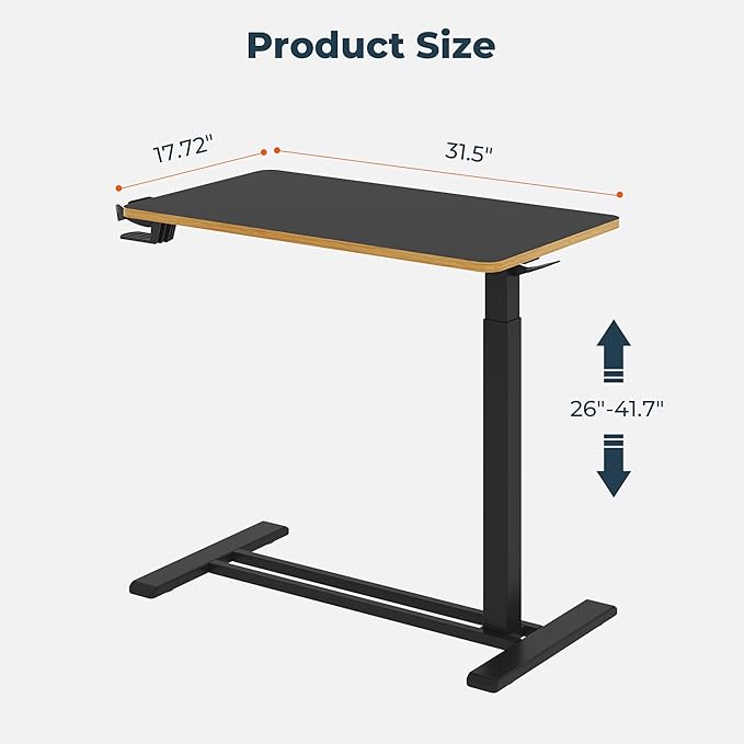 Medical Overbed Adjustable Bedside Table with Hidden Casters, Pneumatic Mobile Rolling Laptop Standing Desk with Tray for Home and Hospital Use, Black