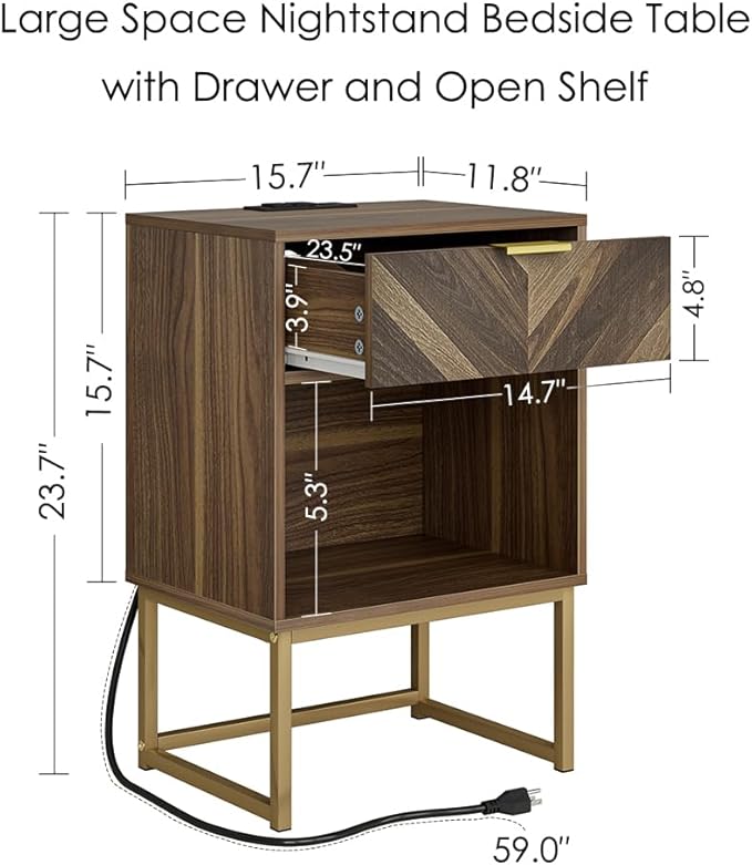 Masupu Nightstand with Charging Station,Modern Night Stand Boho Farmhouse Wood Bedside Table with Storage Drawer Side End Table for Bedroom,Living Room,Office,Walnut Brown with Outlet