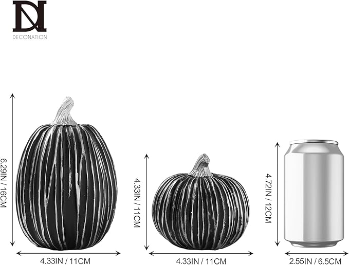 DN DECONATION Pumpkin Decorations for Fall and Halloween Indoor Home Decor, Black and Silver Faux Pumpkins–Fall Halloween Table Centerpiece, 2-Pack Resin Pumpkin for Thanksgiving Modern Farmhouse