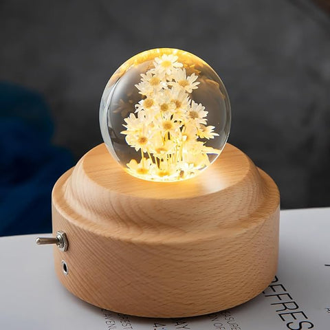 1 Pieces 6cm Diameter Yellow Glass Little Daisy Ball Night Light Music Box Wood You are My Sunshine Mechanism Flower Decor Romantic Birthday Valentine's Day for Girlfriend Her Women
