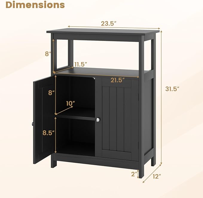 GOFLAME Bathroom Cabinet, Floor Storage Organizer with 2 Doors, 2 Open Shelves, 3-Level Adjustable Shelf, Modern Storage Unit for Laundry Room, Entryway, Living Room, Black