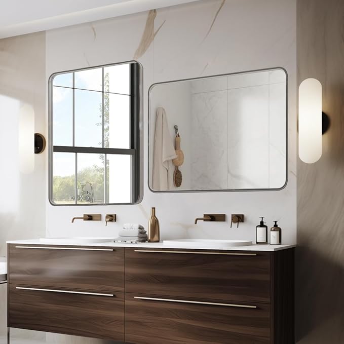 Brushed Nickel 48x32 Inch Metal Framed Mirror for Wall, Large Rounded Rectangle Mirror, Anti-Rust, Tempered Glass, Hangs Horizontally or Vertically