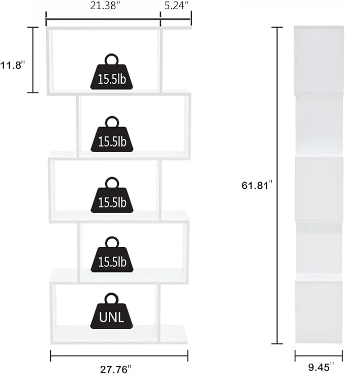Yusong Bookshelf 5-Tier, Geometric Bookcase S Shaped Book Shelves for Bedroom, Modern Wood Decorative Display Shelf Book Case for Home Office, White