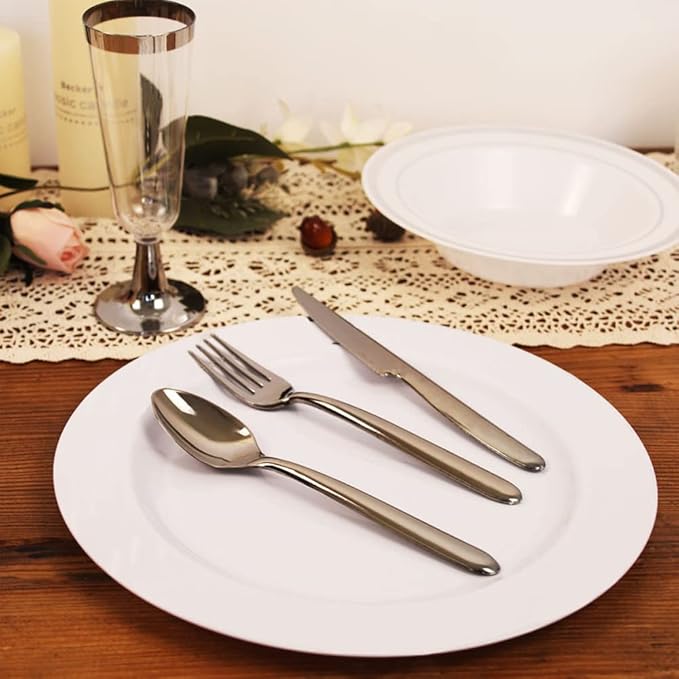 100 Piece Plastic Party Plates White, 50 Premium Heavy Duty 10.25 Inch Dinner Plates and 50 Disposable 7.5 Inch Dessert Appetizer Elegant Fancy Heavy Duty Wedding Plates