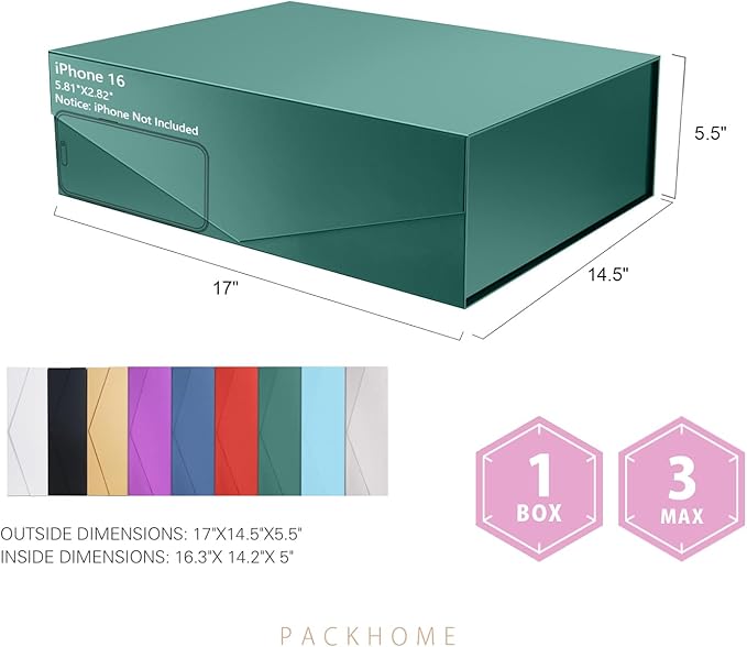 PACKHOME 17x14.5x5.5 Inches, 3 Extra Large Gift Boxes with Lids, Magnetic Closure Boxes for Clothes and Large Gifts (Glossy Green)