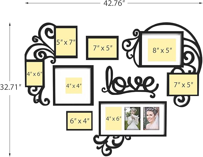 J.M.Deco 7 Pack Vintage Picture Frames, Love Shape Heart Photo College Frames, Valentine Display Multiple Photos For Family Home Living Room 4''x4'' / 4''x6''/ 5''x7''/ 5''x8'' Frames Set | Black