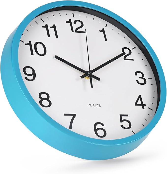 Wall Clock Non-Ticking Silent Quartz Movement Decor Clock Modern Simple Style Round Plastic Wall Clocks for Home/Office/School/Living Room/Bedroom/Kitchen (Blue, 12 Inch)