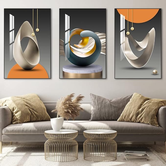 MPLONG Wall Art, Bright Style Framed Wall Art, Abstract Modern Art Shape Pattern White Blue Yellow Grey Wall Art Artfully Matching Living Room Bedroom Office Wall Decor - 20"x 28"x 3 Panels