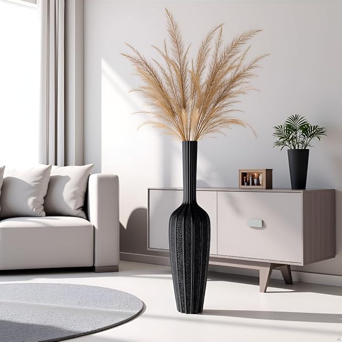 Modern Black Floor Vase - 23.62 Inches Tall Decorative Vase for Dried Flowers, Home Decor Accent, Resin Tall Floor Vase