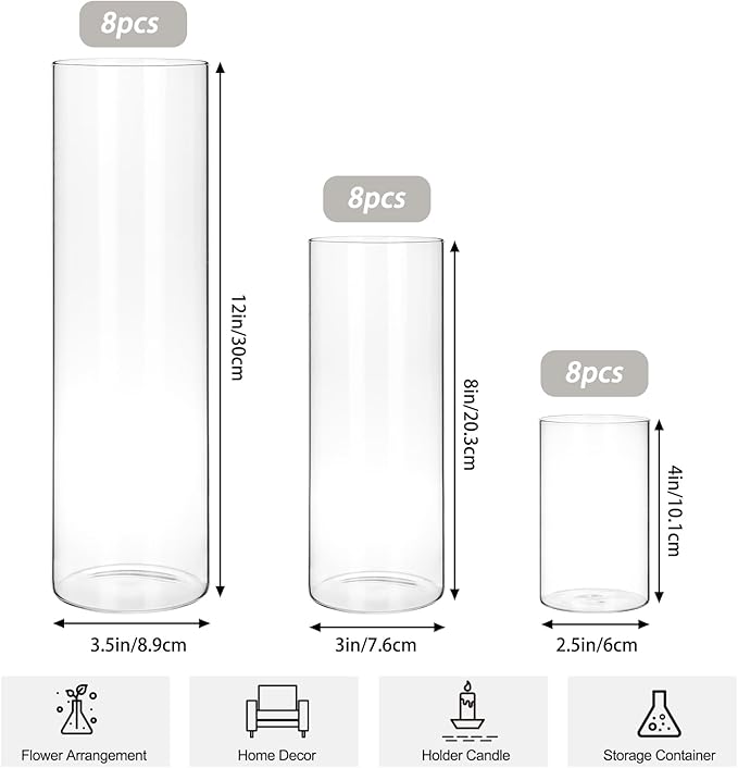 Fixwal 24pcs Clear Glass Cylinder Vases, 4, 8, 12 Inch Tall Cylinder Vases for Centerpieces, Glass Flower Vase Floating Candle Holder Vase for Table Shelf, Party, Wedding, Home Decor