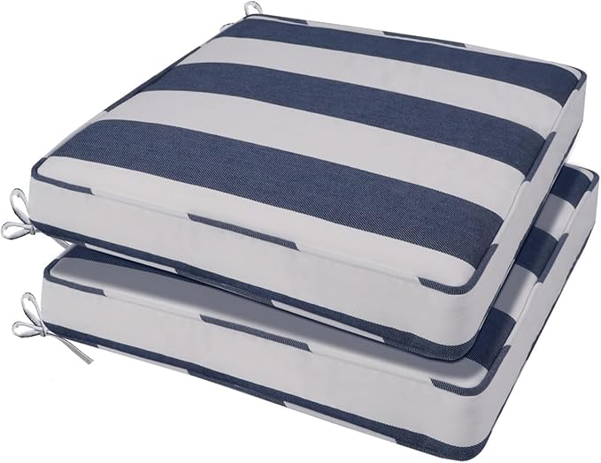 Outdoor Chair Cushion 18 x 18 x 3 Inch, Waterproof & 3-Year Fade Resistant Patio Furniture Cushions, Removable Cover and Adjustable Ties for Garden Sofa Couch (Sapphire Blue Cabana Stripe)