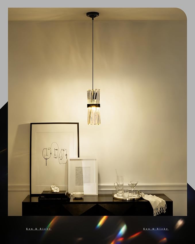 Ken & Ricky 3 Pack Crystal Pendant Lighting, Industrial Island Lights for Kitchen, Black Hanging Light Fixture, Small Chandelier, Adjustable Height and Crystal Bar, KR3356-3PK