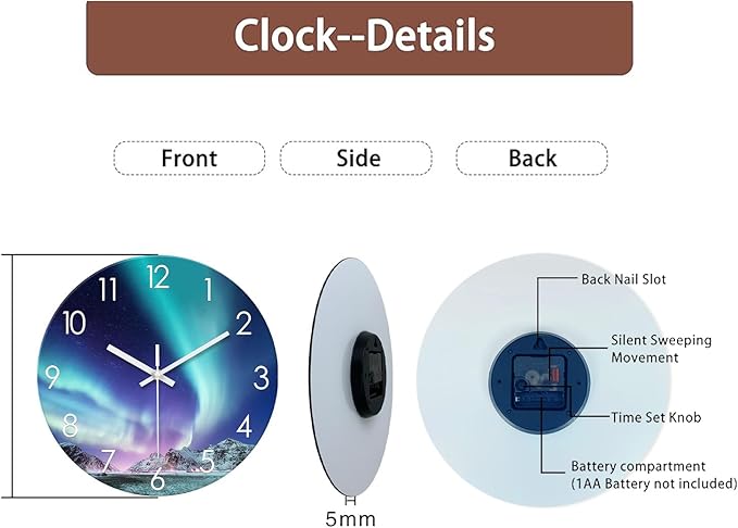 XNM Polar Light Wall Clocks Battery Operated 14 Inch Glass Iceberg Clock Silent Round Turquoise Wall Clock for Kitchen