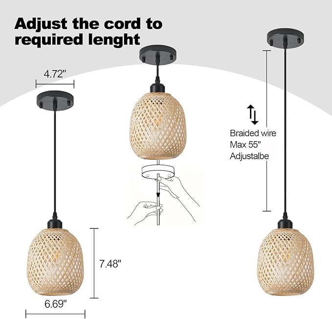 TERLEENART Hanging Light Fixture Set of 2, Mid Century Bohemian Rattan Bamboo Pendant Lighting,Torus Basket Woven Ceiling Chandelier for Kitchen Island Dinning Room Living Room Bedroom Nightstand