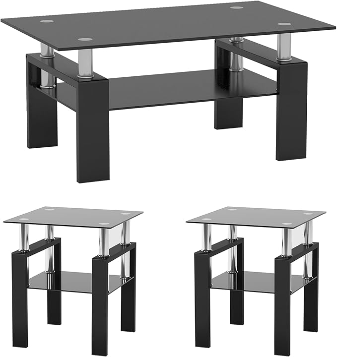 IANIYA 3 Piece Living Room Table Set, Modern Tempered Glass Coffee Table Set, Glass Coffee Table Black Metal Frame End Table for Living Room Apartment Small Space