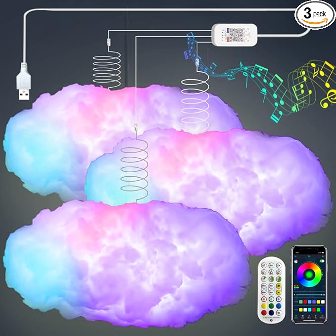 3PCS 3D Big Cloud Lightning Light Kit Music Sync Multicolor Lightning Changing Strip Lights 360 Degree Wireless Remote APP NO DIY Coolest Decorations for Adults and Kids Indoor Home Bedroom