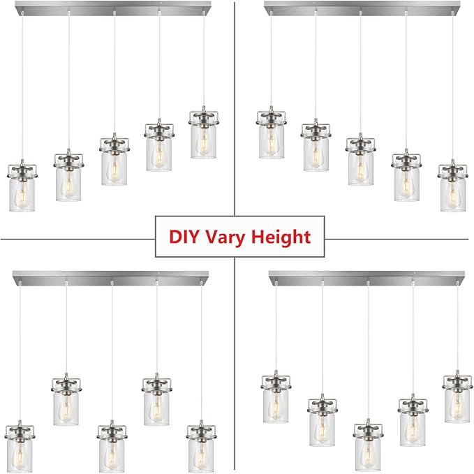 Kitchen Island Lighting, Pendant Lighting for Dining Room Kitchen Island Lighting Farmhouse Chandelier, 5 Light Hanging Linear Chandelier Brushed Nickel Pendant Lights with Clear Glass Shades