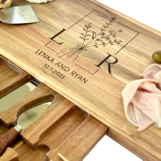 Personalized Charcuterie Board with Cheese Knives - Custom Engraved Cutting Board Set - Wedding Gift, Anniversary, Houswarming Gift for Couple - Acacia Wood Cheese Tray with Drawers