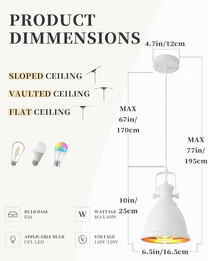 White Pendant Lights Kitchen Island 3 Pack, Vintage Pendant Light, 6.5’’ Farmhouse Pendant Light Fixtures, Adjustable Height, Pendant Lighting for Dining Room, Living Room, Sink, Bar