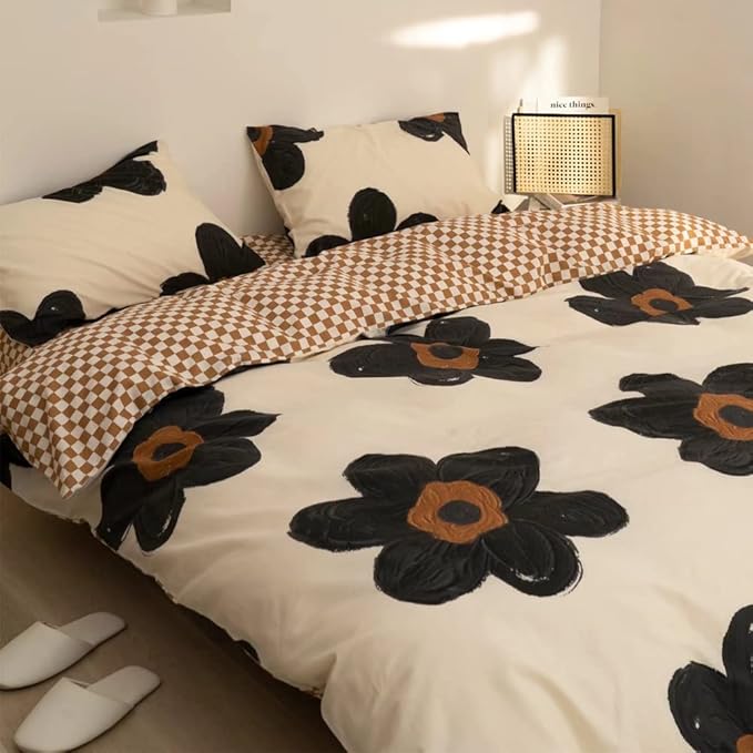 Pureant Black Sunflower Comforter Sets Full Black and White Floral Bedding Comforters Cotton Women Girls Boho Black Botanical Quilts Large Flower Blankets Garden Adults Teens Bohemian Rustic Bedding