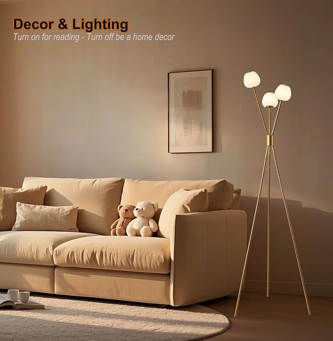 Fiqevs Dimmable Tripod 3 Globe Floor Lamp for Living Room, Mid Modern Gold Floor Lamp with Elegant Frosted Ball Shade and Warm Light LED Bulbs, Standing Tall Lamp for Bedroom, Office - Antique Brass