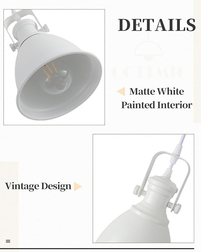 White Pendant Lights Kitchen Island 3 Pack, Vintage Pendant Light, 6.5’’ Farmhouse Pendant Light Fixtures, Adjustable Height, Pendant Lighting for Dining Room, Living Room, Sink, Bar
