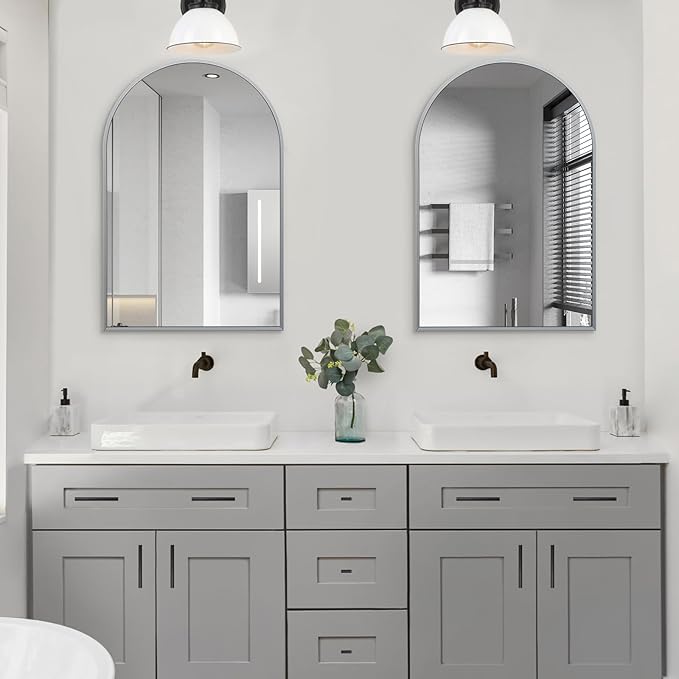 24" x 32" Silver Arched Mirror, Arch Wall Mirror, Metal Frame Black Bathroom Mirror, Arched Top Bathroom Vanity Mirror for Living Room, Bedroom, Entryway, Tempered Glass, Shatter Proof
