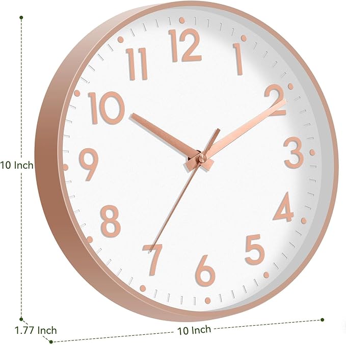 Mosewa Wall Clock 10 Inch, Battery Operated Silent Non-Ticking Modern Analog Clock Decorative for Kitchen, Bedroom, Office, Living Room(Rose Gold)