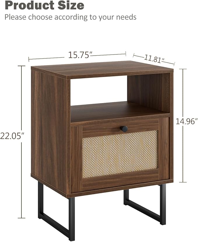 Rattan Nightstand, Boho Night Stand Farmhouse Wood Bedside Table with Storage and Open Shelf, End Side Accent Table for Bedroom,Living Room,Walnut