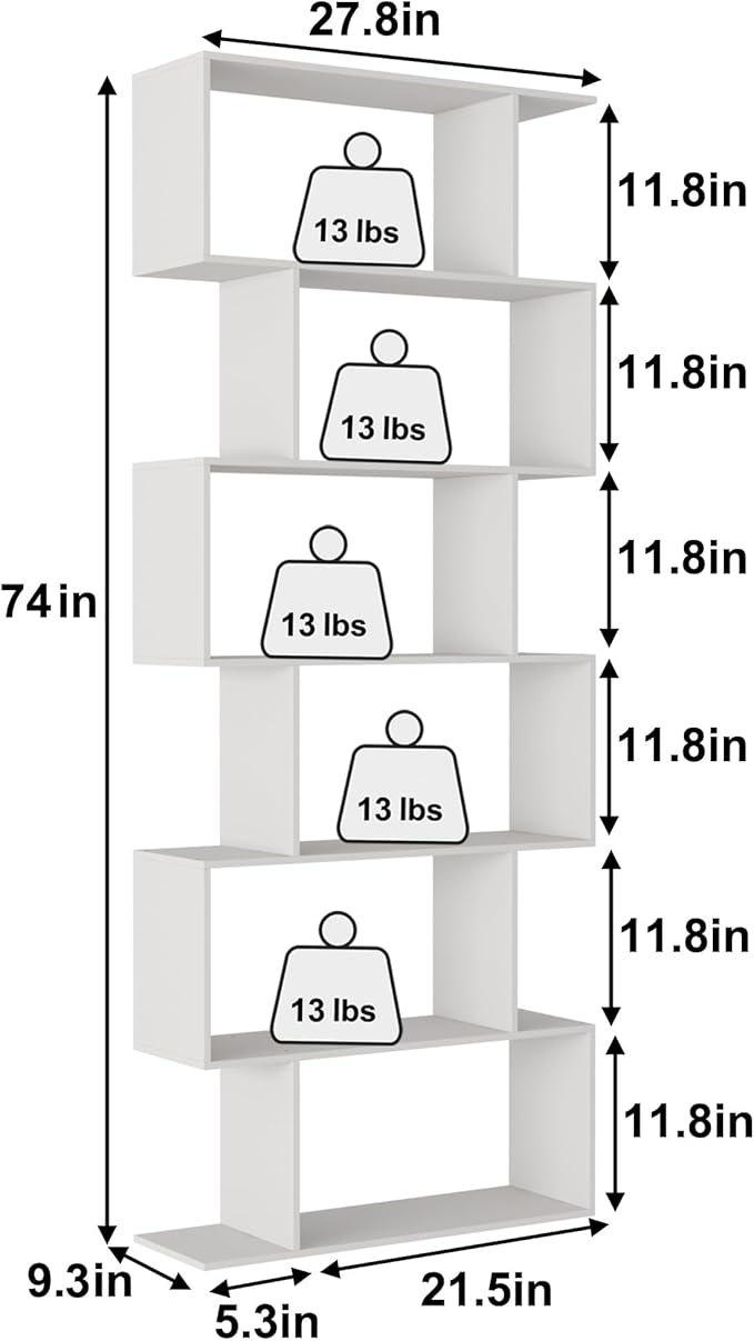 Yusong S Shaped Bookshelf, Modern Geometric Bookcase, 6-Tier White Display Case Book Shelf
