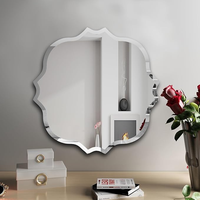 KOHROS Square Scalloped Bathroom Mirror 24" Frameless Beveled Bathroom Vanity Mirror, Anti-Rust, Tempered Glass, Wall Mirror for Bathroom Entryway Bedroom