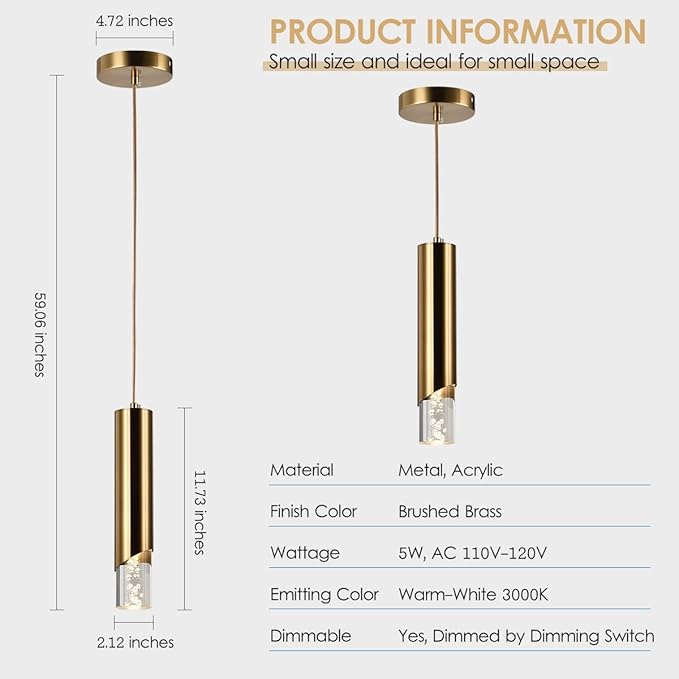 Pendant Lights Kitchen Island, Dimmable Island Cylinder Brass Pendant Light Fixture, 1 Light Bubble Acrylic Small Modern Pendant Lighting for Bedroom Bar, 3000K