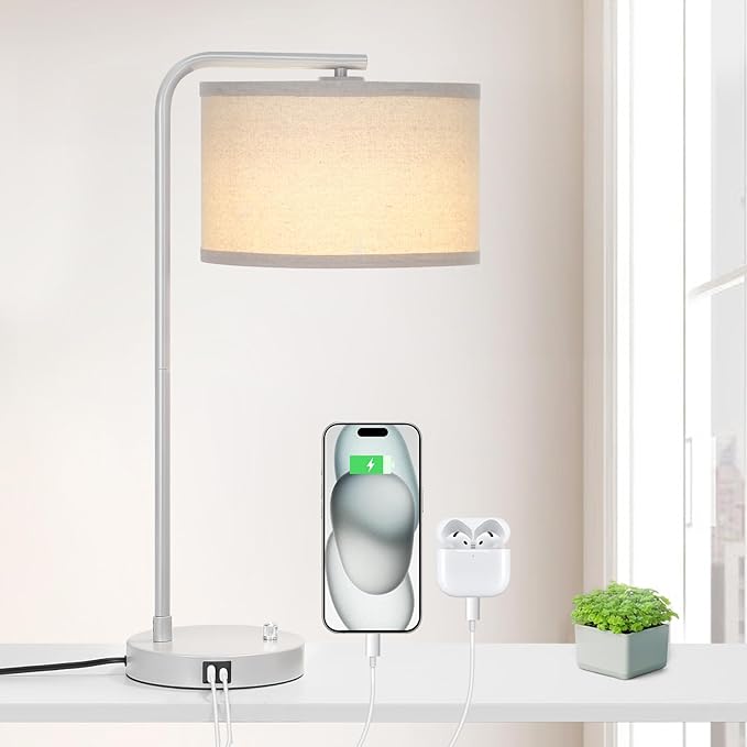 Table Lamp with USB C+A Ports, Fully Dimmable Nightstand Lamp for Living Room, Modern Grey Bedside Lamp, Tall Table Lamp with Beige Shade Minimalist Desk Lamp for Bedroom Office, LED Bulb Included