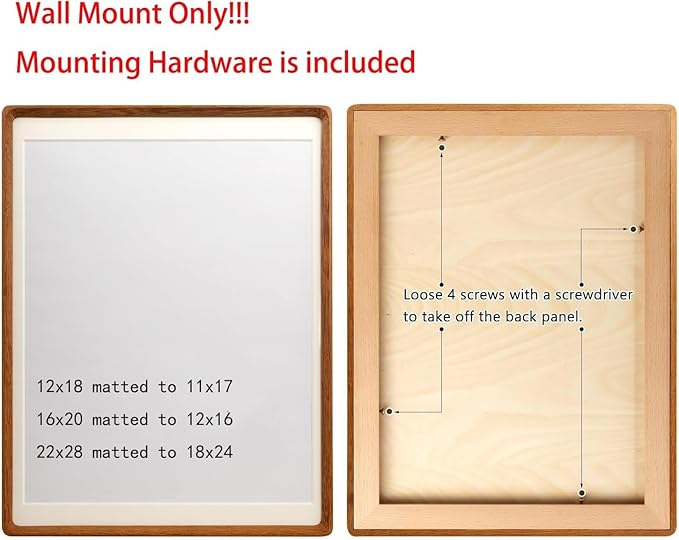 12x18 Picture Frame in Natural Walnut Wood, Solid Wooden Photo Frames Matted to 11x17, Gallery Poster Frames for Wall Mount
