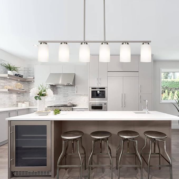 6-Lights Farmhouse Pendant Light Fixture Kitchen Island Lights with Opal White Glass Shade, Hanging Ceiling Light in Brushes Nickel for Dining Room Home Lighting