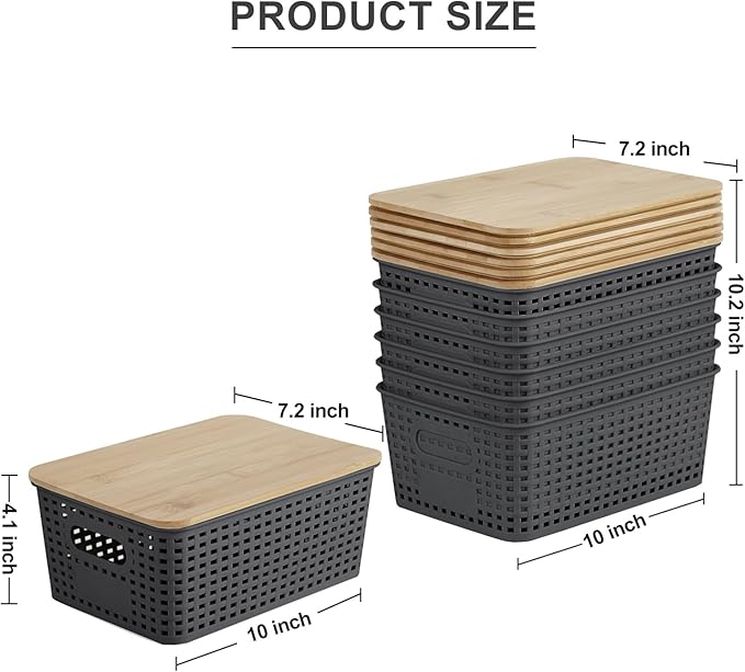 Small Plastic Storage Bins with Bamboo Lids 5.2qt Stackable Box Basket Pantry Decorative Containers Cute with Lable for Organizing Desktop Closet Office Gray of 6 packs 10 * 7.2 * 4.1'’