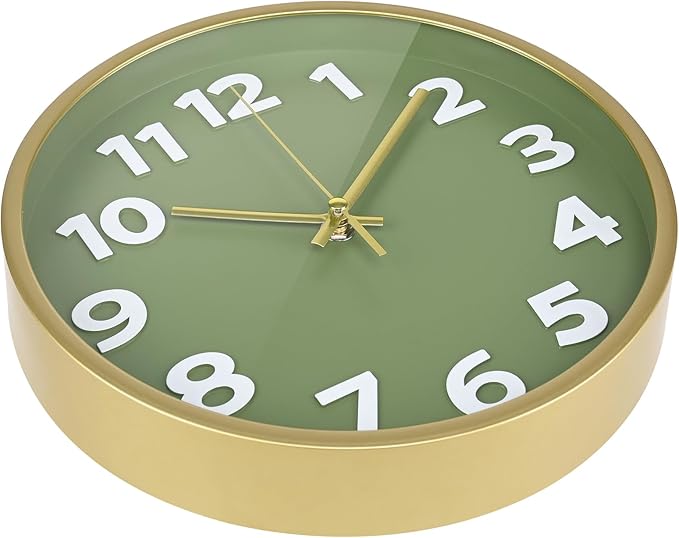 Wall Clock, 10 Inch Silent Wall Clocks Battery Operated, Modern Non-Ticking Analog Clock Decorative for Kitchen Bedroom Office Bathroom- Olive Green and Gold