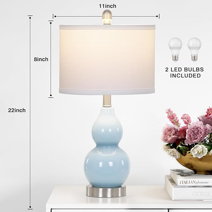 Double Gourd Ceramic Table Lamps Set of 2, Modern Blue Bedside Lamps for Night Stand, Contemporary Nightstand Lamps for Bedroom Living Room (Bulb Included)