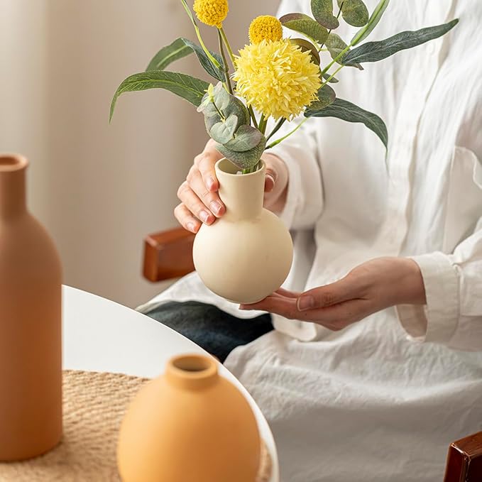 Modern Ceramic Vase Set of 3, Decorative Flower Vases for Home, Multicolor Pottery Vases for Living Room, Kitchen, Bedroom, Shelf, Rustic Farmhouse (Brown Mix)