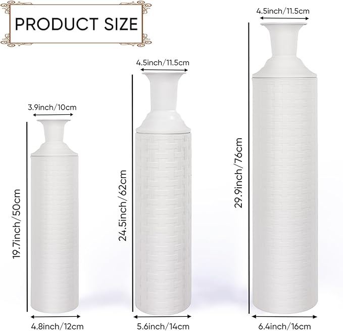 Tall Floor Vase for Pampas Grass, Extra Large Vase Decor, Set of 3 Floor Vases Decorative Tall Vases Home Decor, Metal Material, Handcrafted Rattan Pattern, Matte White