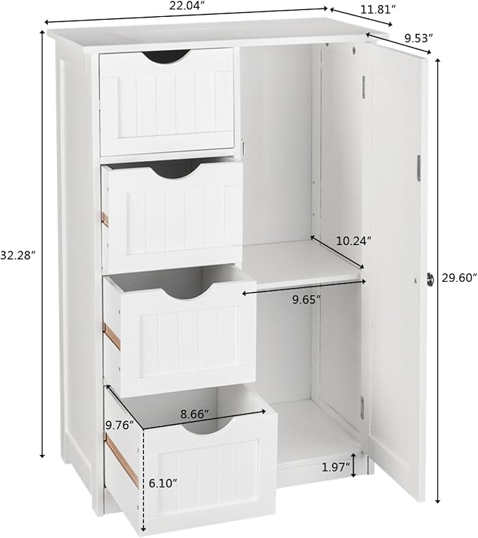 Side Storage Organizer with 4 Drawers of Medium Density fiberboard Single Door Bathroom Cabinet, Independent Entrance Storage Unit Console, Bathroom Furniture and Home Decoration, White