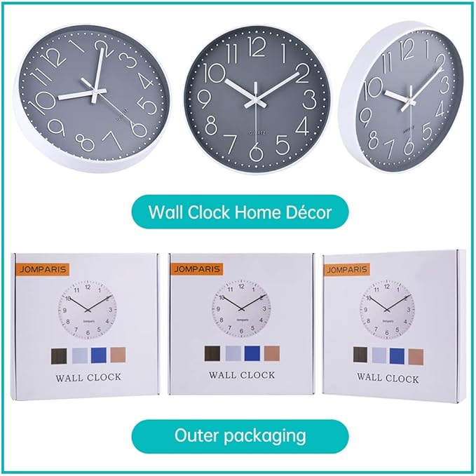 jomparis Wall Clock 12 Inch Non-Ticking Silent Battery Operated Round Wall Clock Modern Simple Style Decor Clock for Home/Office/School/Kitchen/Bedroom/Living Room