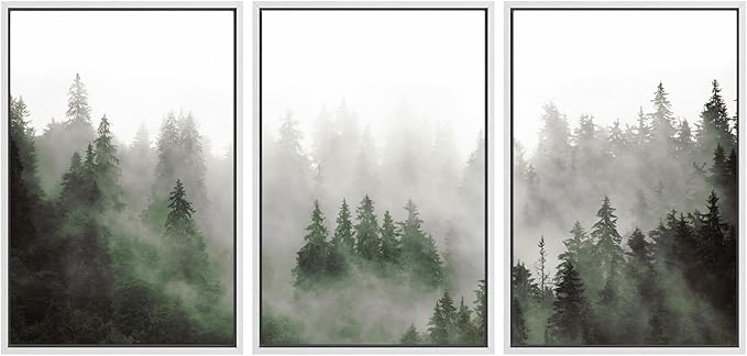 SIGNWIN Framed Canvas Print Wall Art Woodland Nursery Decor Set Fog & Mist Over Green Pine Tree Forest Nature Wilderness Modern Art Chic Landscape for Living Room, Bedroom, Office - 16"x24"x3 White