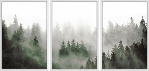 SIGNWIN Framed Canvas Print Wall Art Woodland Nursery Decor Set Fog & Mist Over Green Pine Tree Forest Nature Wilderness Modern Art Chic Landscape for Living Room, Bedroom, Office - 16"x24"x3 White
