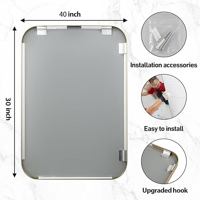 40x30 Inch Gold Bathroom Mirror, Brushed Brass Gold Metal Framed Rectangular Mirror with Rounded Corner, Bathroom Vanity Mirror for Bedroom or Living Room, Horizontal/Vertical