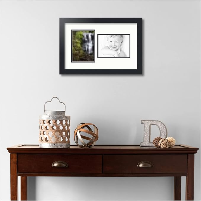 ArtToFrames Collage Photo Frame Double Mat with 2-5x7 inch Openings with Black Frame and Fabric White Top Mat