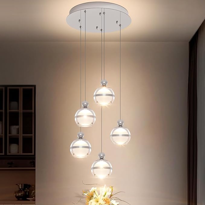 5 Lights Modern Pendant Lighting Chrome Globe Hanging Ceiling Pendant Light Fixtures Cluster LED Dimmable Pendant Lights Kitchen Island for Dining Room Living Room Bedroom Foyer Stairs
