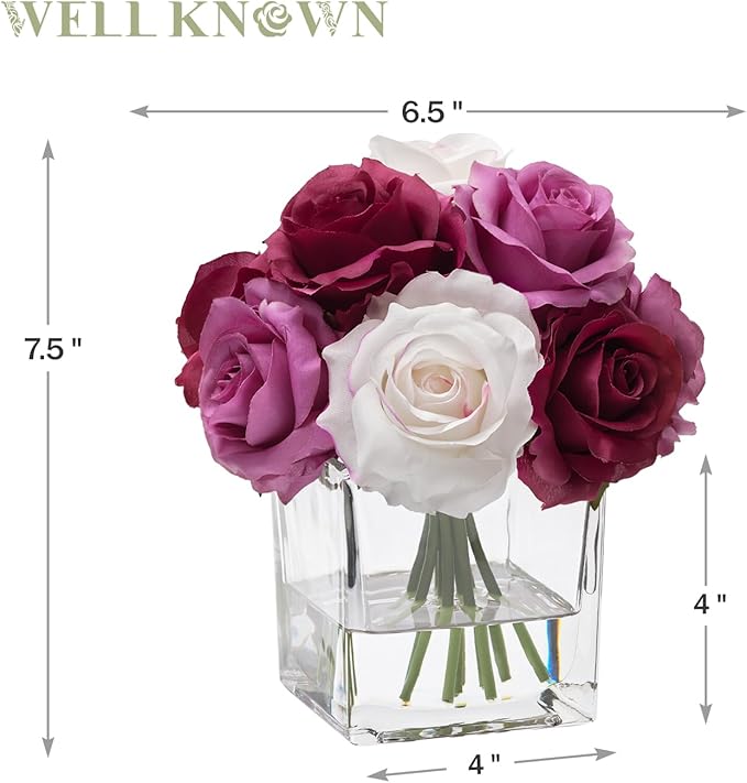 WELL KNOWN Rose Artificial Flowers in Vase with Faux Water, Silk Rose Table Centerpieces for Home Coffee Table Decor, Fake Roses Flower Arrangements for Office Hotel Lavatory Decor (Purple & White)