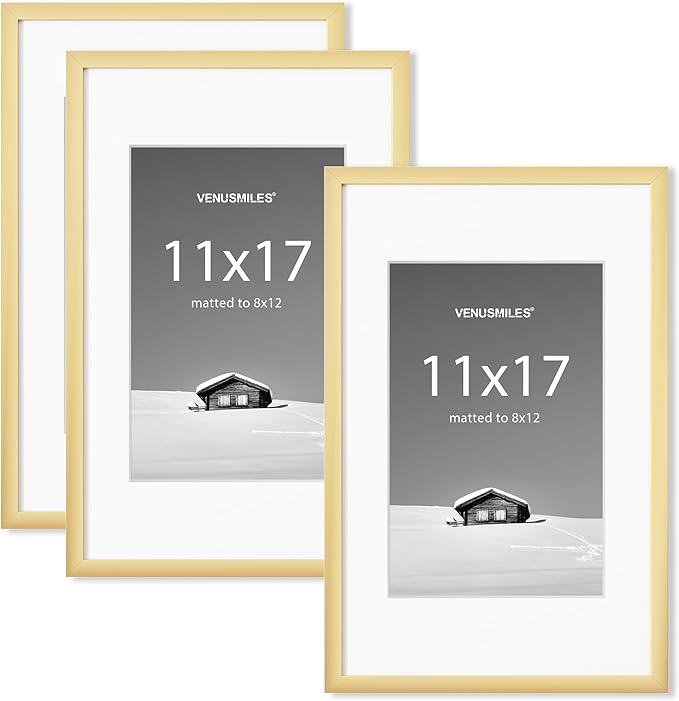 11x17 inch Picture Frame, 11x17 Photo Frames with 8x12 Removable Mat - High Definition Plexiglass - Vertical and Horizontal Display - Wall Hanging Frame - Gold, 3 Pack